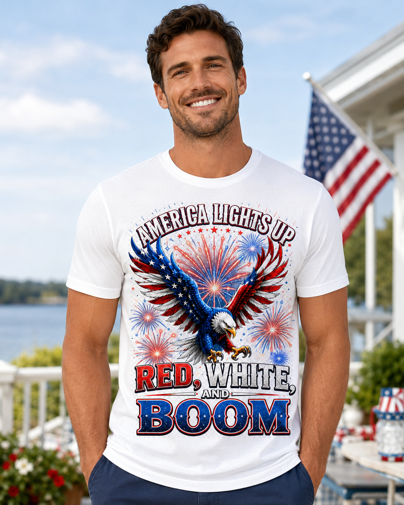 Man wearing a white t-shirt with an eagle and fireworks design, standing outdoors with a clear sky and American flag in the background.