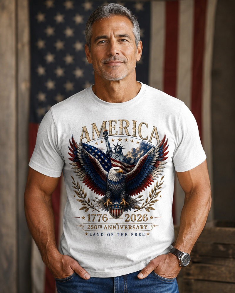 Man wearing a white t-shirt with an eagle and American flag design in front of an American flag.